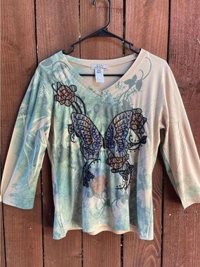 Y2K Spy Zone Exchange Fairycore Butterly Whimsy Sequin 3/4 Sleeve Top Sz M